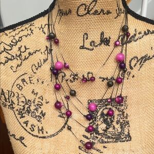 Multi-Strand Necklace with Gray, Pink and Purple Beads